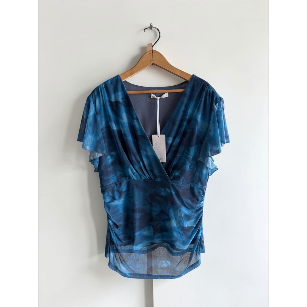 Grace Karin Blue Abstract Mesh V-Neck Flutter Sleeve Ruched Top 2XL NWT